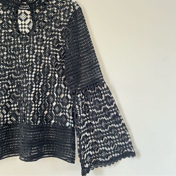 Honey & T Black Crochet High Collar Bell Sleeve Whimsy Goth Boho Blouse Top SZ L - Picture 15 of 15